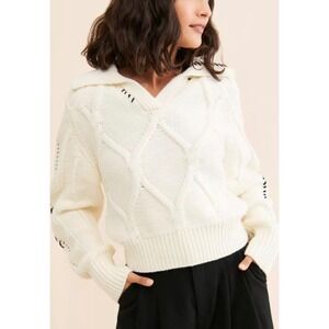 En Saison Lena Cream Cable Knit Whipstitch V-Neck Collared Sweater Womens Large